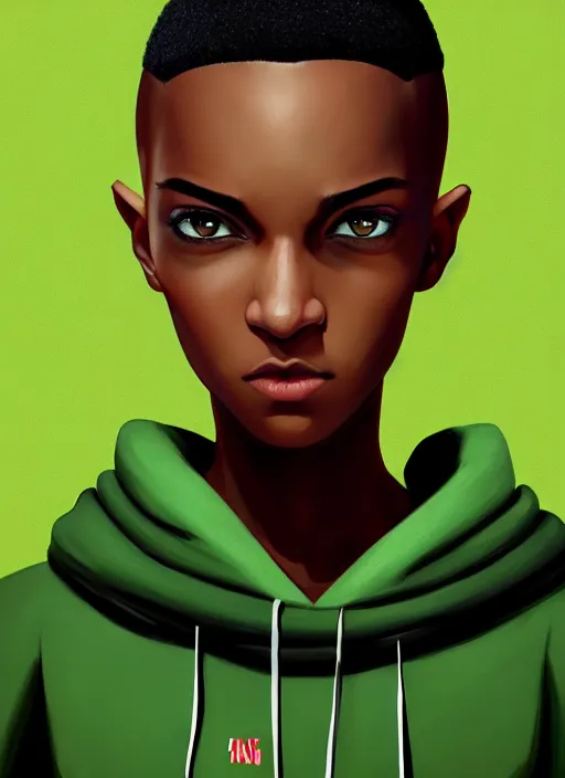 Image similar to photographic portrait of an handsome young black woman with a mohican haircut and green eyes in a back hoodie, flat lighting, elegant, highly detailed, digital painting, artstation, concept art, sharp focus, star wars, illustration, art by akira toriyama