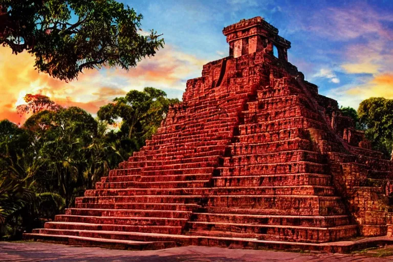 Prompt: ornate detailed aztec temple, flowing blood down steps, jungle setting, red sunset sky