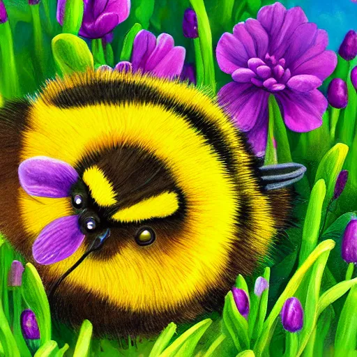Prompt: cute fluffy bumblebee sitting on spring flowers detailed painting 4 k