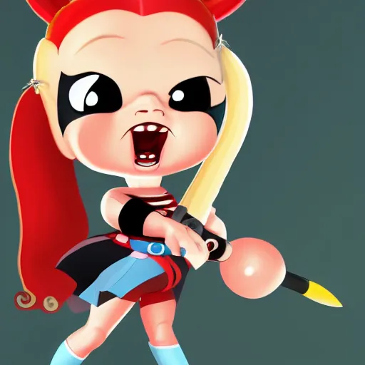 Prompt: baby harley quinn caricature with pigtail in hair like pebbles flintstones playing with a magic wand, full body, big head, large smile, pixar style, 4 k trending on artstation