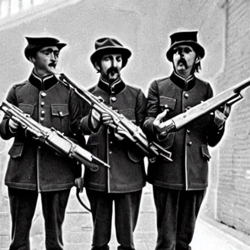 Image similar to old wartime photograph of the beatles carrying lewis guns, 1 9 1 7