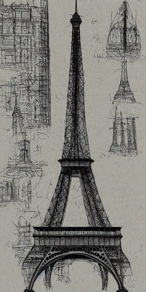 Image similar to architectural design studies of Eiffel Tower, different closeup view, drawn by Leonardo da Vinci, ancient ink draw, artistic, intricated