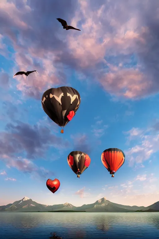 Image similar to Photorealistic photo of two hot air balloons shaped as black swans flying above a reflective mountain lake, touching heads, forming a heart with their necks, beautiful, 8k highly professionally detailed, HDR, CGsociety