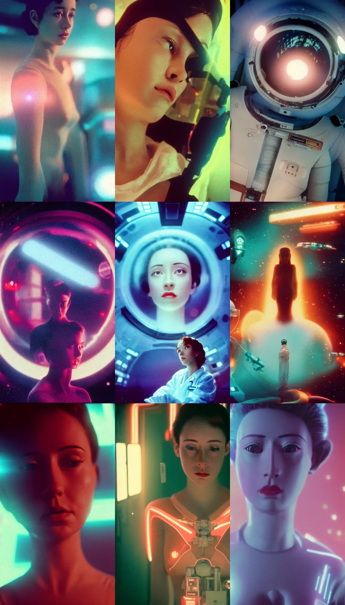 Prompt: Cinestill 50d, 8K, 35mm,J.J Abrams flare; beautiful ultra realistic vaporwave minimalistic avalokiteshvara pilot in space(1950) film still medical lab scene, 2000s frontiers in blade runner retrofuturism fashion magazine September hyperrealism holly herndon edition, highly detailed, extreme closeup three-quarter model portrait, tilt shift background, three point perspective: focus on anti-g flight suit;pointé pose;open mouth,terrified, eye contact, soft lighting