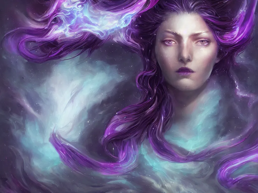 Prompt: epic portrait an beautiful nebulae goddess with purple long flowing hair and purple glowing eyes, sweaty skin, beautiful face, blurry lighting strike space backround, digital painting, artstation, concept art, soft light, hdri, smooth, sharp focus, illustration, fantasy, intricate, elegant, highly detailed, D&D, matte painting, in the style of Greg Rutkowski and Alphonse Mucha and artemisia, 8k, highly detailed, jurgens, rutkowski, bouguereau, pastoral, rustic, georgic, detailed concept art, illustration, colorful pastel, painting, detail, ultra detailed, digital art, 4K,