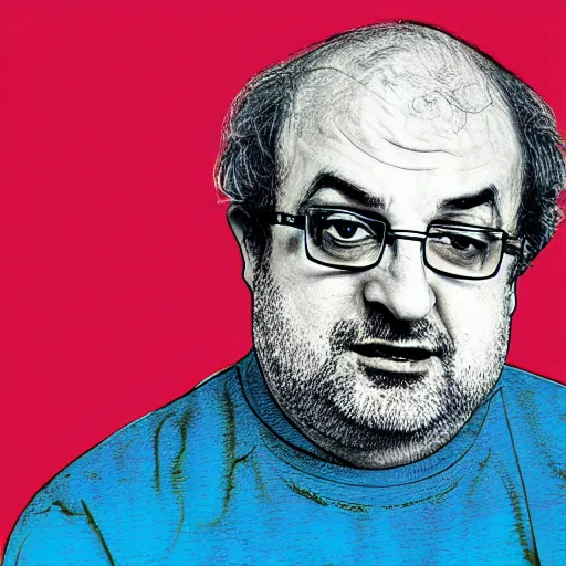 Image similar to salman rushdie in the style of daniel johnston and outsider art, 4 k, overlaid with arabic text