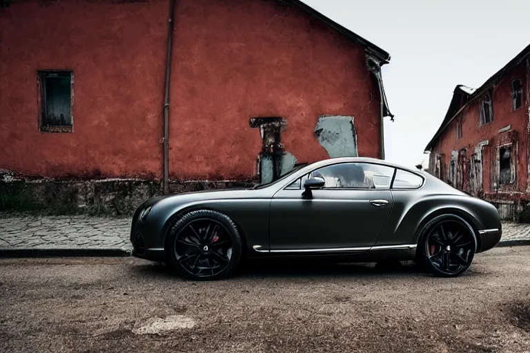 Image similar to modern rusty matte tired Bentley Continental GT without gloss no reflections drives along the road of an old Russian village with houses at the edges