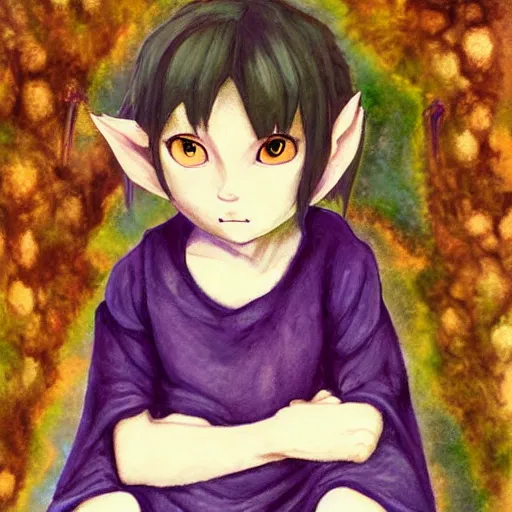 Image similar to little elf boy, purple tunic, soft hair. light color palate, detailed soft painting, made in abyss art style, anatomically correct, inspired in balthus