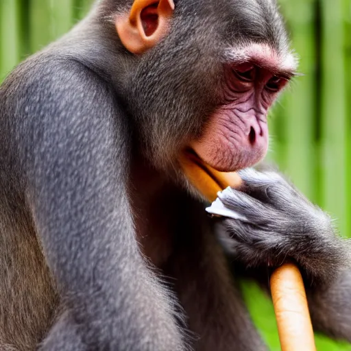 Image similar to a high detail closeup shot of a depressed monkey wearing a suit and smoking a cigar