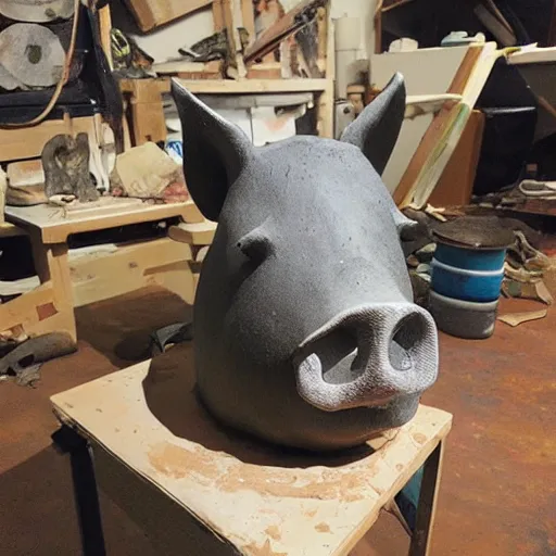 Image similar to “ a pig sculpture work in progress in an artist ’ s studio, mixed materials ”