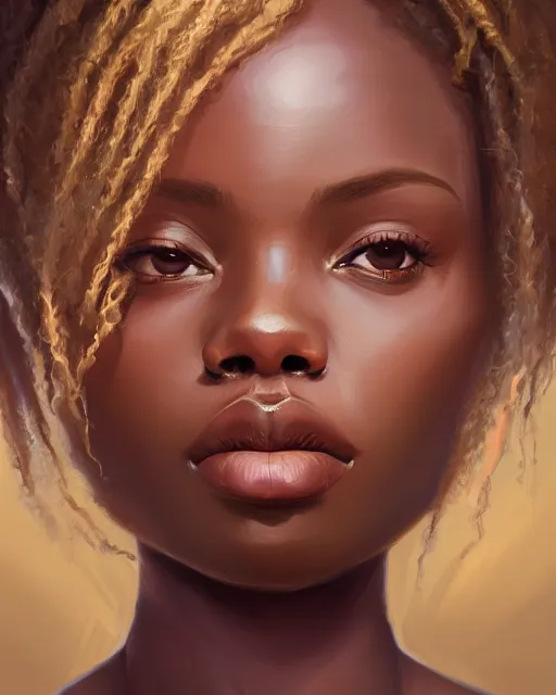 Prompt: portrait of a beautiful african girl, flowy blonde hair, cinematic lighting, highly detailed, digital painting, trending on artstation, pixiv, concept art, sharp focus, illustration, art by ross tran and wlop