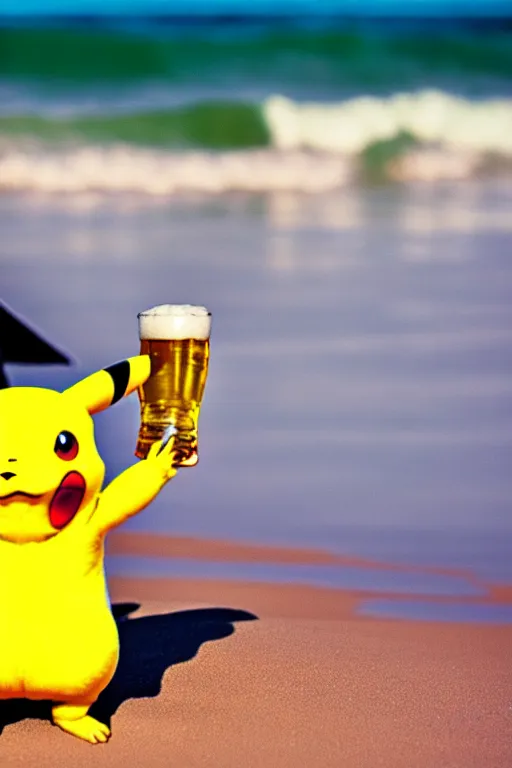 Image similar to pikachu drinking a beer on the beach