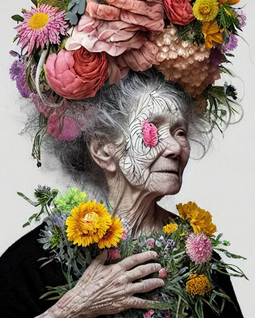 Image similar to a portrait of a fleshy old woman covered in flowers, who is surprised she is still alive, in the style of guiseppe arcimboldo and james jean, covered in wispy gray hair with a hint of neon, hd 3 d,