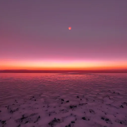 Image similar to The sun rises slowly, casting a pale pink and orange glow across the sky. The horizon is a deep purple, and the stars are still shining bright. The sky gradually lightens, and the sun rises higher and higher, until it is a blinding white.