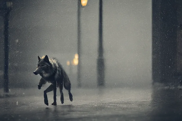 Image similar to an anthropomorphic male wolf running in the streets, night, rain, cinematic, photograph, volumetric lighting, f 8 aperture, cinematic eastman 5 3 8 4 film, photorealistic