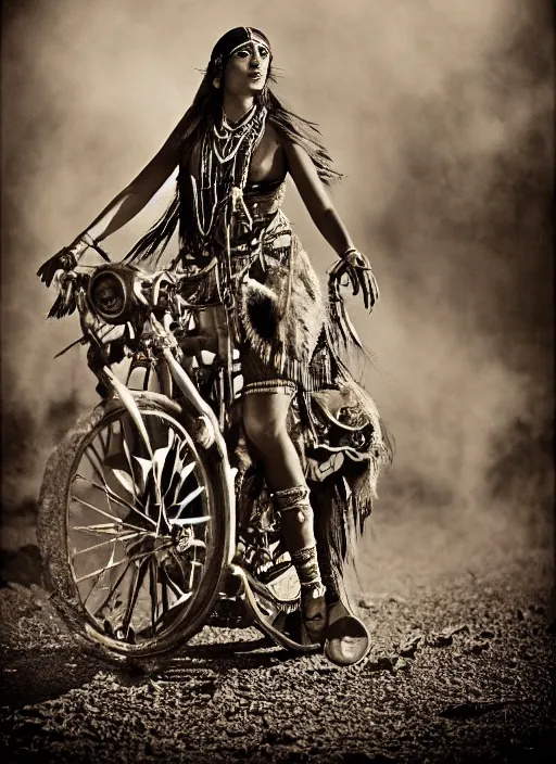 Image similar to old vintage photo of native Indian shaman female on the complex steam punk jet, extreme sports photography , dynamic photography, high speed,dirt and grawel flying in the spot, lens flares, dust in the air, moody lighting, intricate, elegant, highly detailed, centered, smooth, sharp focus, sports photography, old photo, black and white, sepia, cinematic lighting, cinematic angle, national geographic