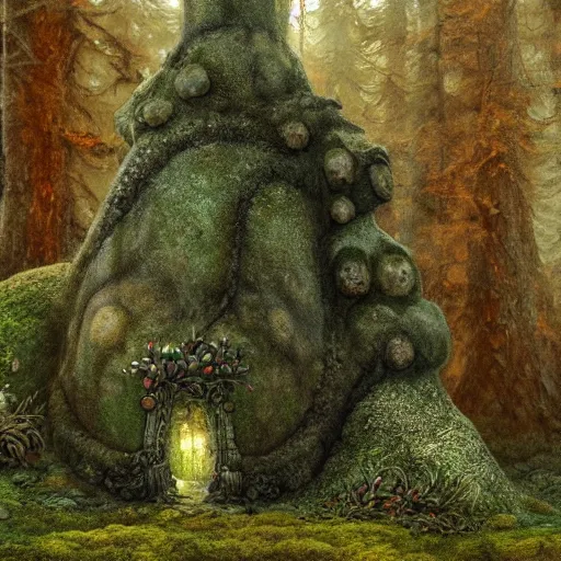 Image similar to moss - clad troll stone, mushrooms, mysterious forest, epic, fantasy, intricate, hyper detailed, artstation, concept art, smooth, painting by john bauer