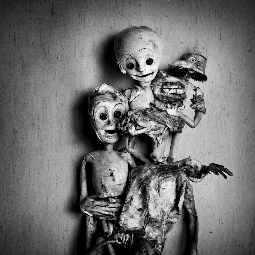 Image similar to creepy ventriloquist dummy in the style of roger ballen, 4 k, bw, portrait