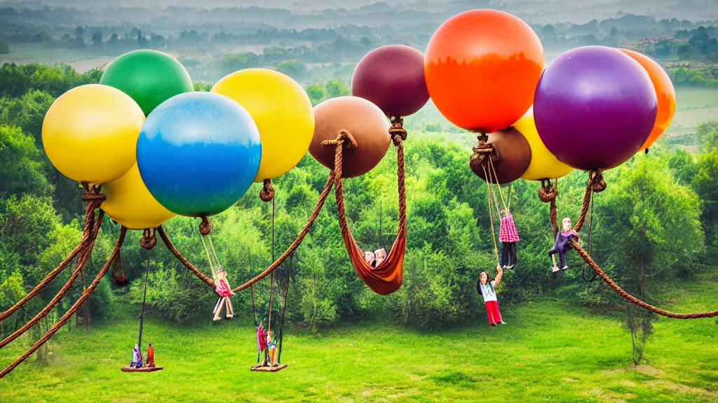 Prompt: large colorful steampunk balloons with people on rope swings underneath, flying high over the beautiful countryside landscape, professional photography, 8 0 mm telephoto lens, realistic, detailed