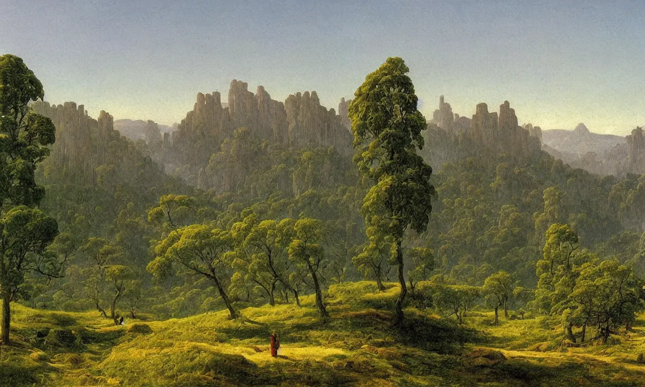 Image similar to a painting of a majestic landscape of noway in summer by caspar david friedrich, high detail,