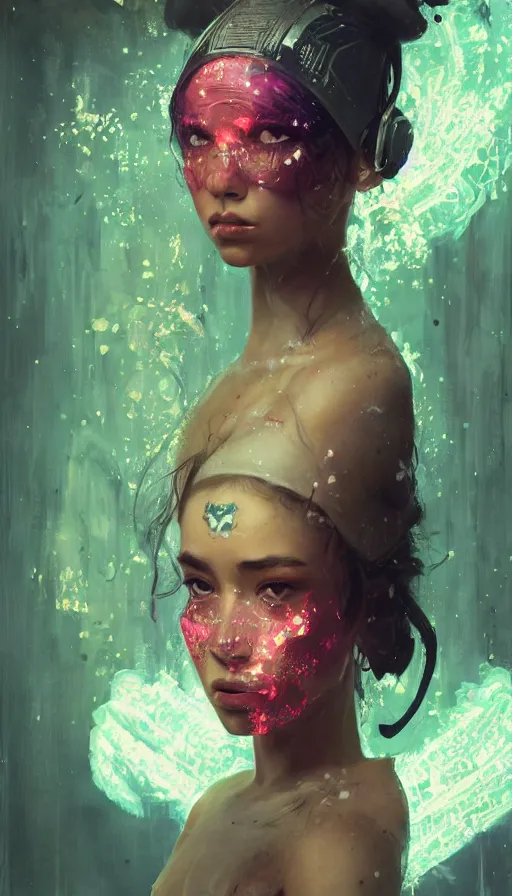 Image similar to altered carbon, madison beer, detailed portrait young gangster lolita, amazing beauty, visor, neon tattoo, styled hair, decorated traditional japanese ornaments by carl spitzweg, ismail inceoglu, vdragan bibin, hans thoma, greg rutkowski, alexandros pyromallis, perfect face, fine details, realistic shaded