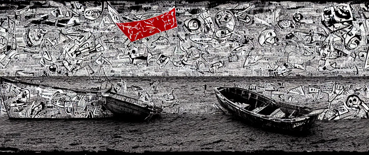 Prompt: a lone abandoned boat at dungeness, in the style of daniel johnston and outsider art, 8 k, line brush, overlaid with chinese adverts