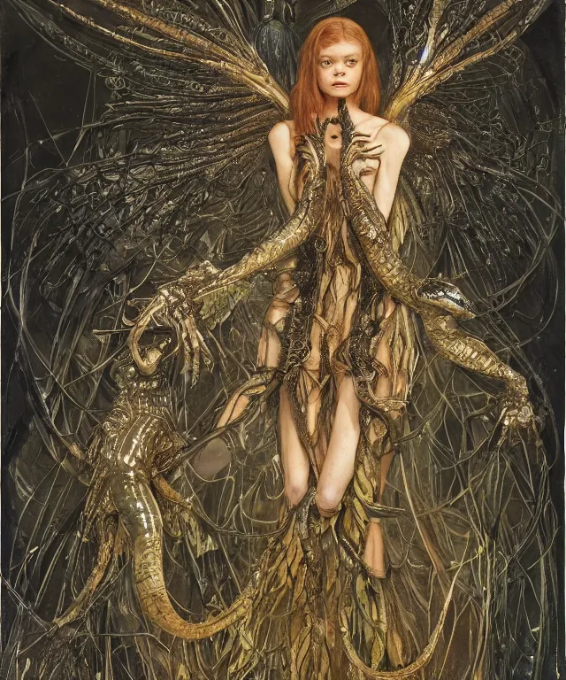 Prompt: a portrait photograph of a fierce sadie sink as a strong alien harpy queen with amphibian skin. she trying on a glowing and black lace shiny metal slimy organic membrane vest and transforming into an evil insectoid snake bird. by donato giancola, walton ford, ernst haeckel, peter mohrbacher, hr giger. 8 k, cgsociety