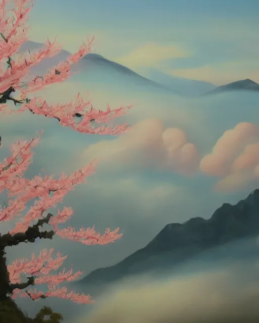 Prompt: a beautiful painting of peach blossoms on the clouds, brilliant peaks, dense fog, early morning, by by yoneyama mai, trending on artstation