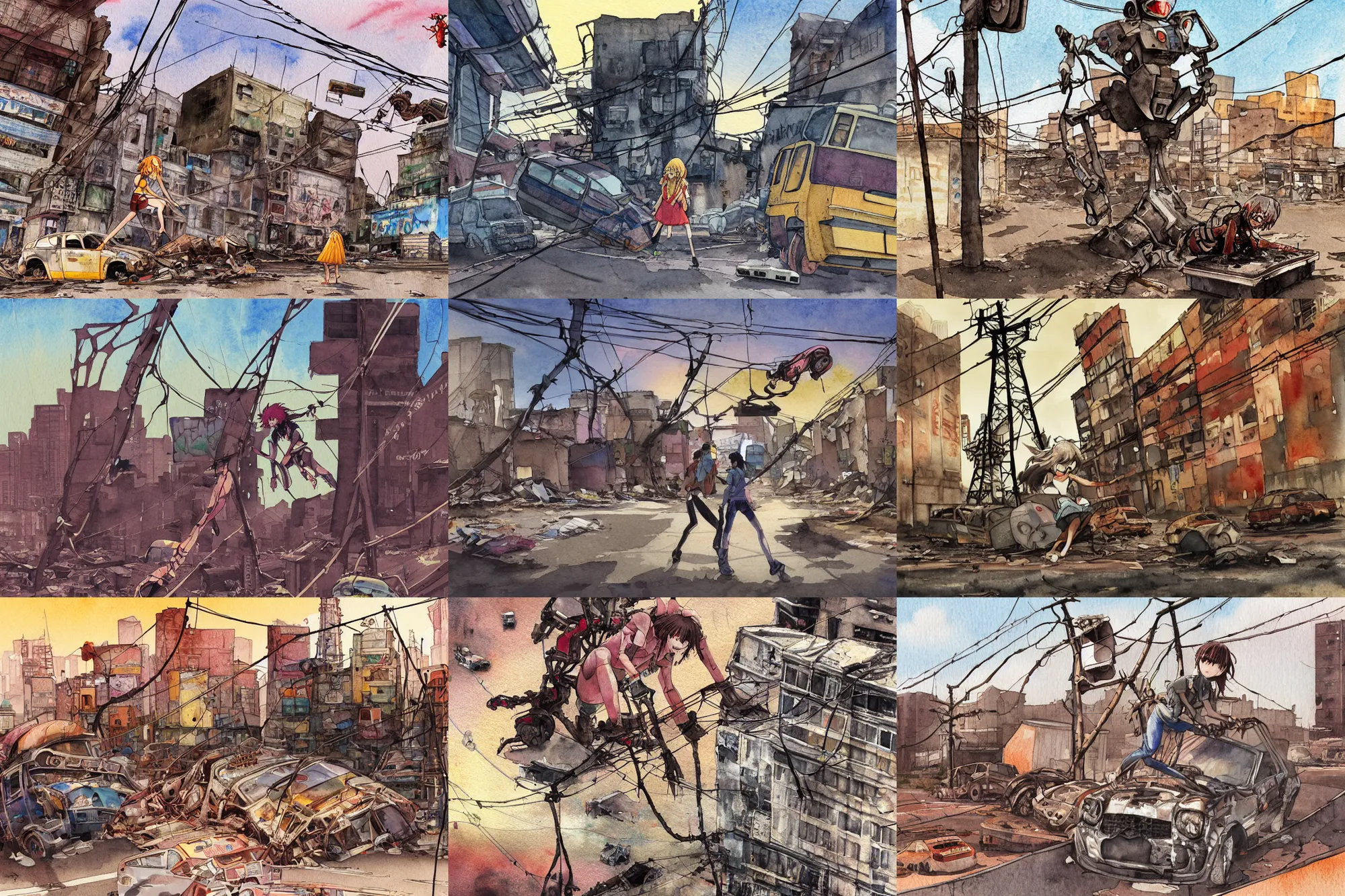 Prompt: detailed artwork, simple watercolor, harsh bloom lighting, rim light, abandoned city, drawn girl climbing a dead corpse rusty evangelion robot crashed in deserted dusty shinjuku junk town, tangled overhead wires, telephone pole, old pawn shop, broken tv, harsh shadows, pale yellow sky, bold graffiti