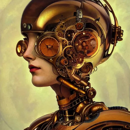 Image similar to close - up portrait of a beautiful female steampunk android in the style of ex machina, karol bak, alphonse mucha, greg rutkowski,