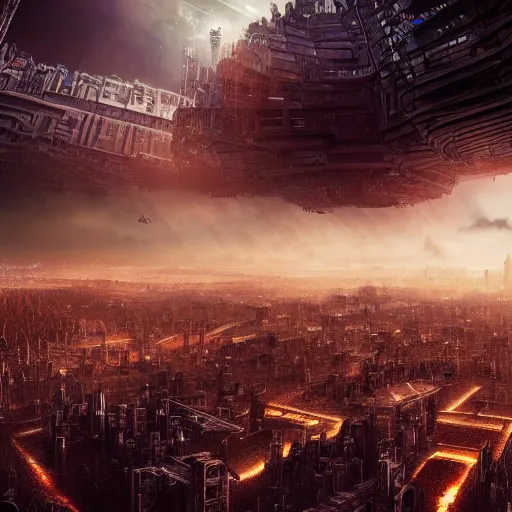 Image similar to megacity, hive city, futuristic dystopian endless, intricate, complex, labyrinthine, byzantine, tangled, matte painting, night, gloomy, dark, dramatic, cinematic, volumetric lighting, gods eye view