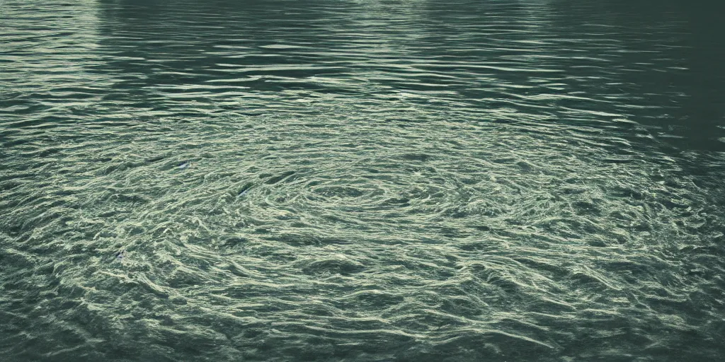 Image similar to centered photograph of a long rope zig zagging across the surface of the water, floating submerged rope stretching out towards the center of the lake, a dark lake on a cloudy day, color film, trees in the background, hyperedetailed photo, moody volumetric, anamorphic lens