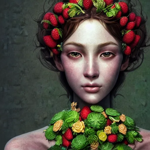 Image similar to the portrait of an absurdly beautiful, graceful, elegant, sophisticated woman made of strawberries and green petals, an ultrafine hyperdetailed illustration by kim jung gi, irakli nadar, golden ratio, intricate linework, bright colors, octopath traveler, final fantasy, unreal engine 5 highly rendered, global illumination, radiant light, detailed and intricate environment