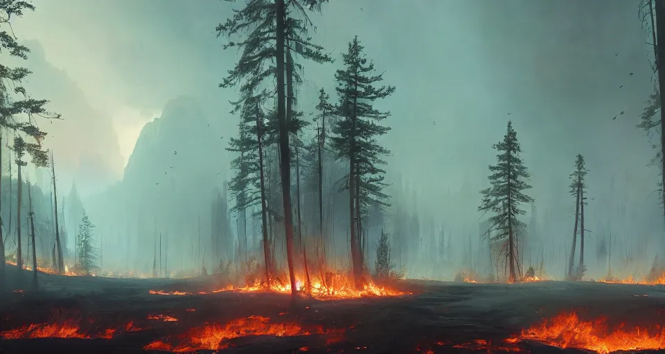 Image similar to landscape, intense forest fire, super intense, dramatic lighting, cinematic, by WLOP, eddie mendoza, simon stålenhag, raphael lacoste, extremely high detail, photo realistic, cinematic lighting, post processed, concept art, trending on artstation, matte painting