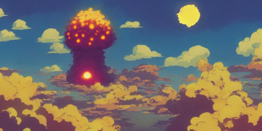 Image similar to lo - fi nuclear explosion to study and chill to, wallpaper, studio ghibli, anime, pastel colors