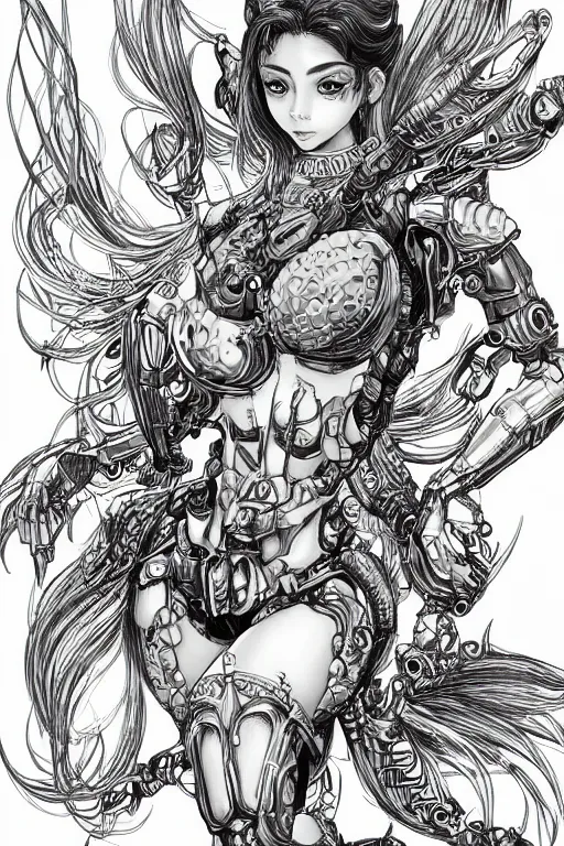 Image similar to full body illustration, mechanized latina female, cruel mermaid, highly detailed, sumi - e art, suiboku - ga ink, by kim jisu, pen and ink monochrome, mecha, deviantart, artstation, pinterest