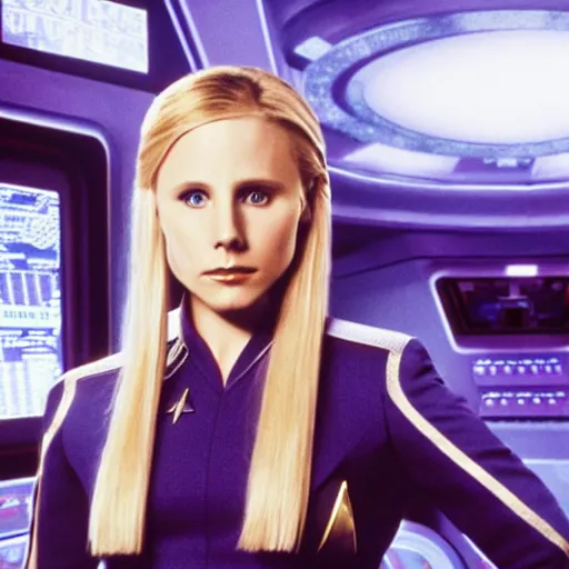 Image similar to a beautiful full body photograph of a younger kristen bell as a star fleet officer from star trek next generation, extreme realism and detail, 8 k, completely framed, direct lighting, 3 5 mm photo, photorealistic, sharp focus