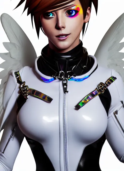 Image similar to portrait bust digital artwork of tracer overwatch, wearing white iridescent rainbow latex and leather straps catsuit outfit, 4 k, expressive happy smug expression, makeup, in style of mark arian, angel wings, wearing detailed black leather collar, chains, black leather harness, detailed face and eyes,