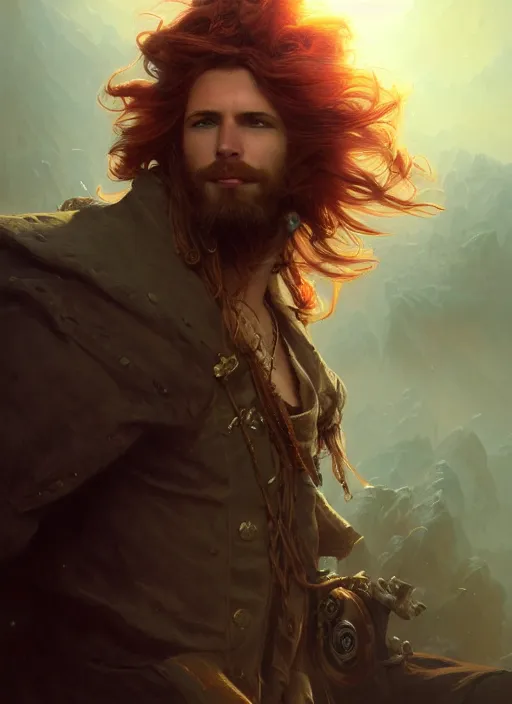 Prompt: portrait painting of a handsome rugged long hair crimson hair male pirate, soft hair steampunk airship in the sky art by raphael lacoste and stephan martiniere greg rutkowski gaston bussiere fantasy soft hair trending on artstation deviantart book cover art concept art key art dramatic volumetric lighting, 4 k, award winning