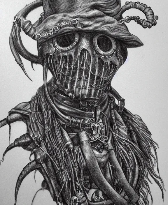 Image similar to a detailed pencil portrait of a steampunk davy jones