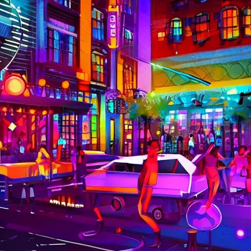 Prompt: a vibrant nightlife scene from'the very pulse of the machine'by polygon pictures