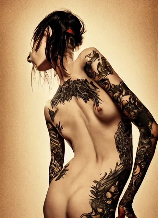 Prompt: the girl with the dragon tattoo, intricate photo, elegant, wlop, beautiful body, by joseph christian leyendecker