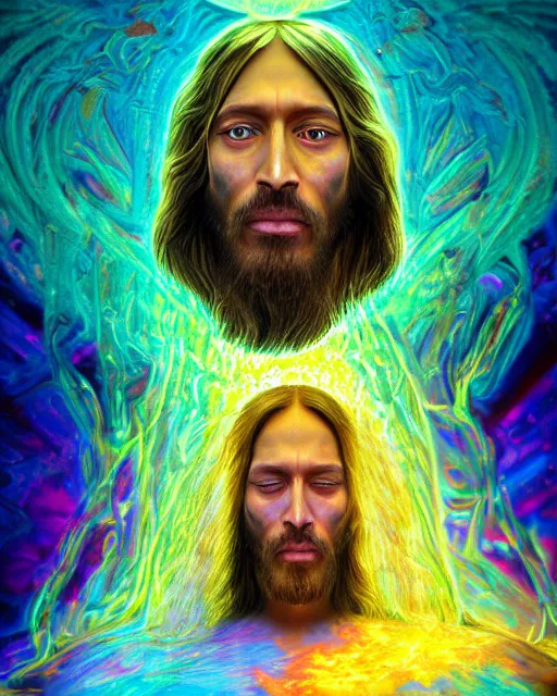 Prompt: portrait ultra dimensional jesus entity, accidentally tripping on dmt and acid, psychedelic experience, overwhelming psychosis of self realization and burning awakening, ultra high definition, unreal engine 5, hyperrealism, masterpiece composition, by casey weldon, barclay shaw 8 k photorealistic