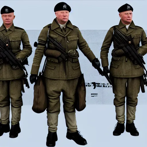 Image similar to Boris Johnson with Waffen SS officers body, realistic artstyle, wide shot, dramatic lighting, octane render, hyperrealistic, high quality, highly detailed, HD, beautiful, cinematic, 8k, unreal engine, facial accuracy, symmetrical