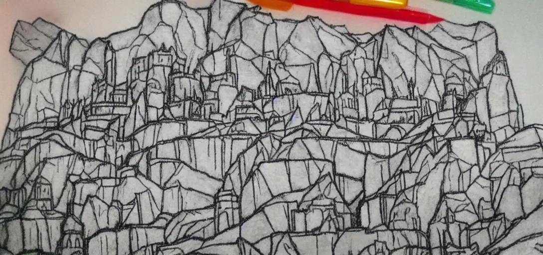 Image similar to Minas Tirith poorly drawn in wax crayon by a five-year old