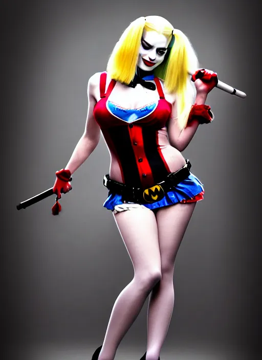 Prompt: 2 8 mm photo of seductive beautiful suicide squad happy margot robbie with long white hair that looks like harley quinn standing on the wet street of gotham city, seductive camisole, pinup model, glamour fashion pose, cinematic, volumetric lighting octane, arney freytag,