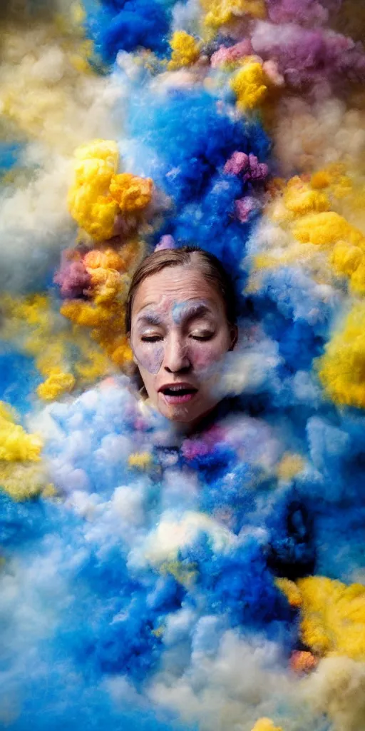 Image similar to woman crying covered in yellow and blue clouds, by kim keever