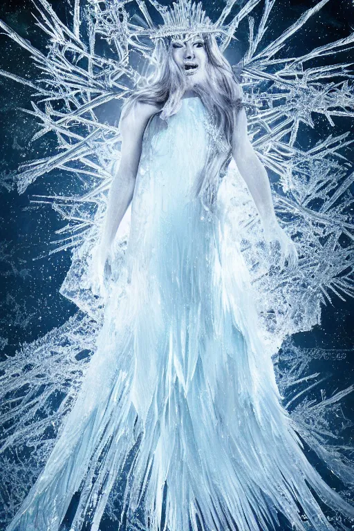 Prompt: realistic photograph of ice queen covered in ice crystals, highly detailed,