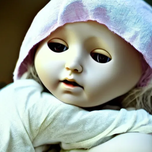 Image similar to A doll crying for her mother, abandoned, depression, somber