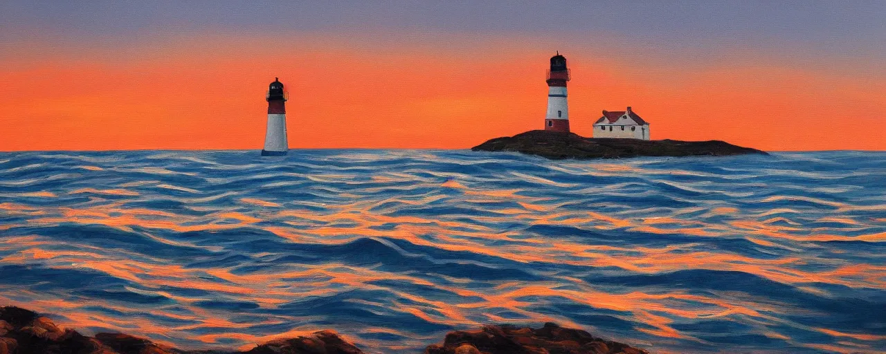 Image similar to A painting of a lighthouse by the ocean at sunset